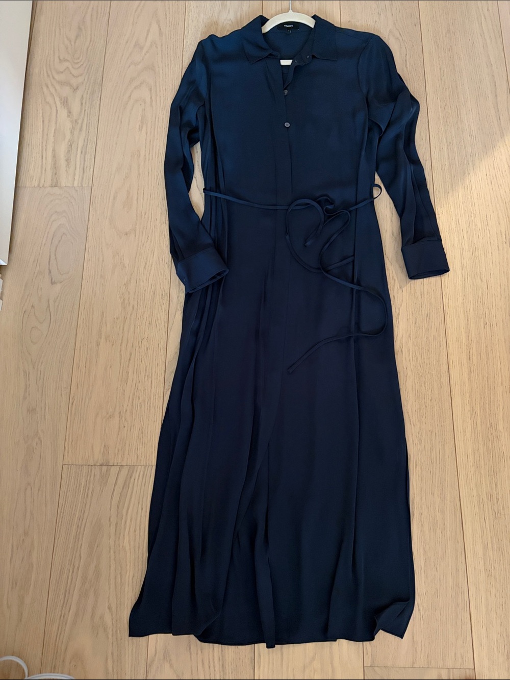 Theory Navy Long Sleeve Midi Shirt Dress with Waist Tie